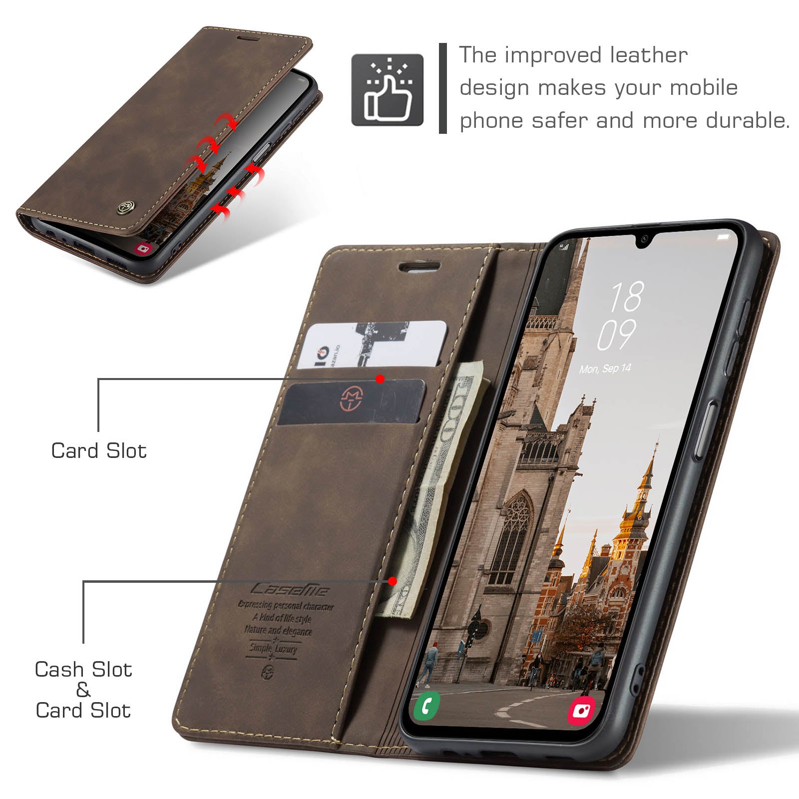 For Samsung Galaxy A16 5G / A16 4G Case CASEME 013 Series Card Holder Stand Leather Phone Cover - Coffee For Samsung Galaxy A16 5G / A16 4G Case CASEME 013 Series Card Holder Stand Leather Phone Cover - Coffee